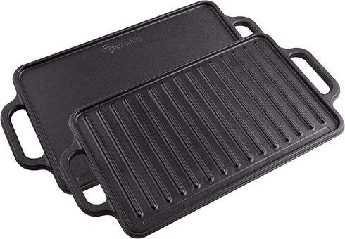 Victoria Rectangular Cast Iron Double Burner, Reversible Griddle Grill Seasoned with 100% Kosher Certified Non-GMO Flaxseed Oil, 13 x 8,3 Inch, Black